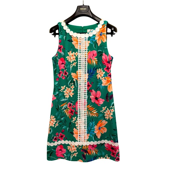 Eliza J NWOT Size 12 Beautiful Green Pink Tropical Floral Lace Mini Dress (0596) - Picture 2 of 14